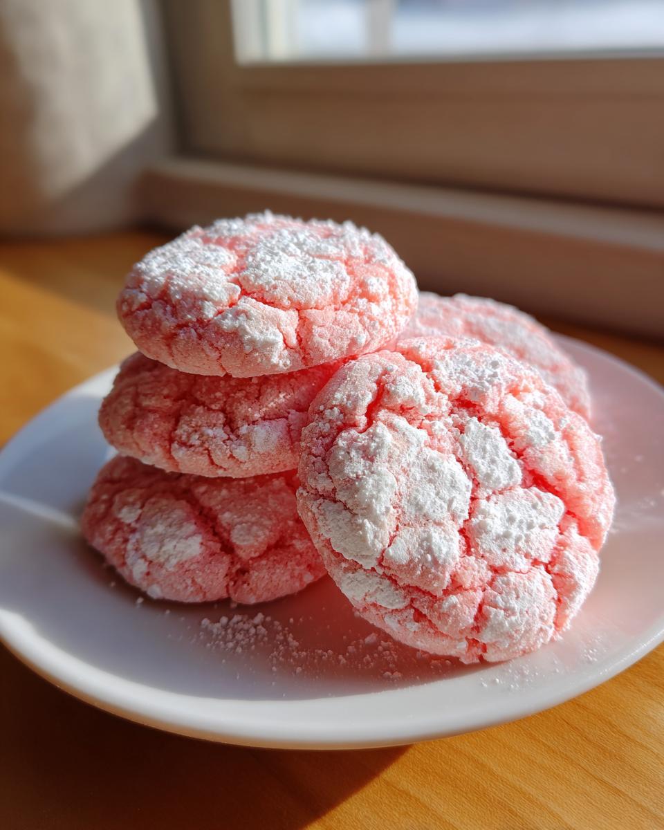 A stack of bright pink, crinkle-top strawberry cake mix cookies dusted heavily with powdered sugar, sitting on a white plate.