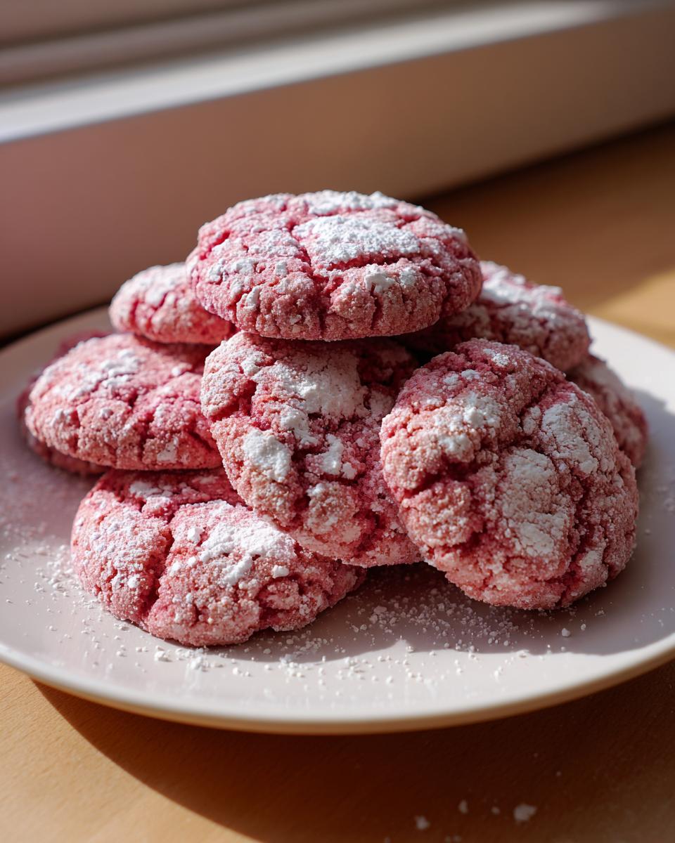 A stack of bright pink, crinkle-top strawberry cake mix cookies dusted heavily with powdered sugar on a light plate.