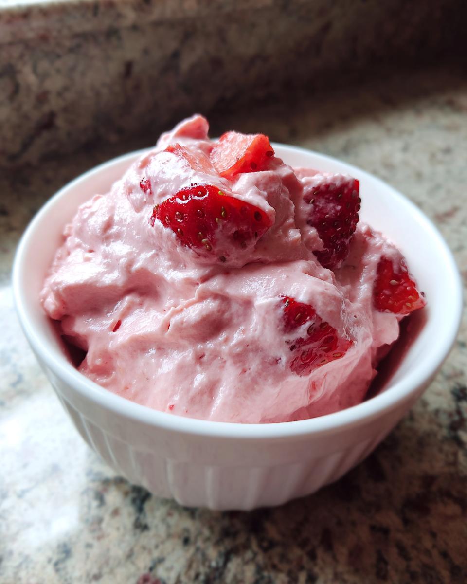 A close-up of a white bowl filled with pink strawberry cheesecake dip topped with fresh strawberry slices.