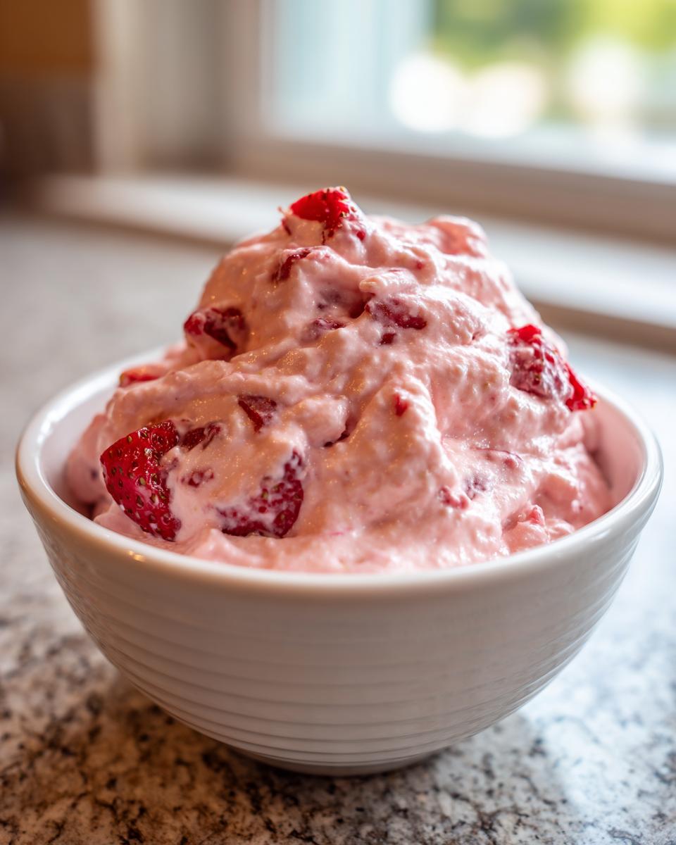 Close-up of a white bowl filled with fluffy pink strawberry cheesecake dip mixed with visible chunks of fresh strawberries.
