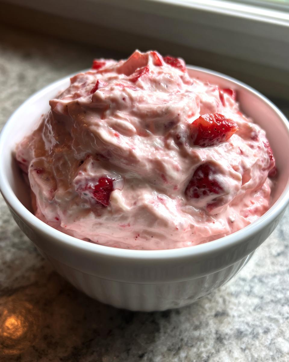 Close-up of fluffy pink strawberry cheesecake dip mixed with chopped strawberries, served in a white ramekin.