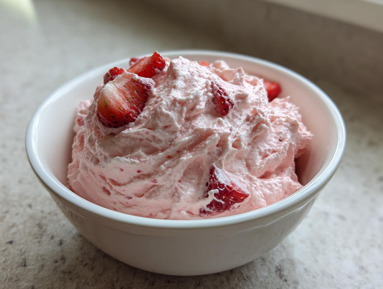 A close-up of fluffy pink strawberry cheesecake dip topped with fresh strawberry slices in a white bowl.