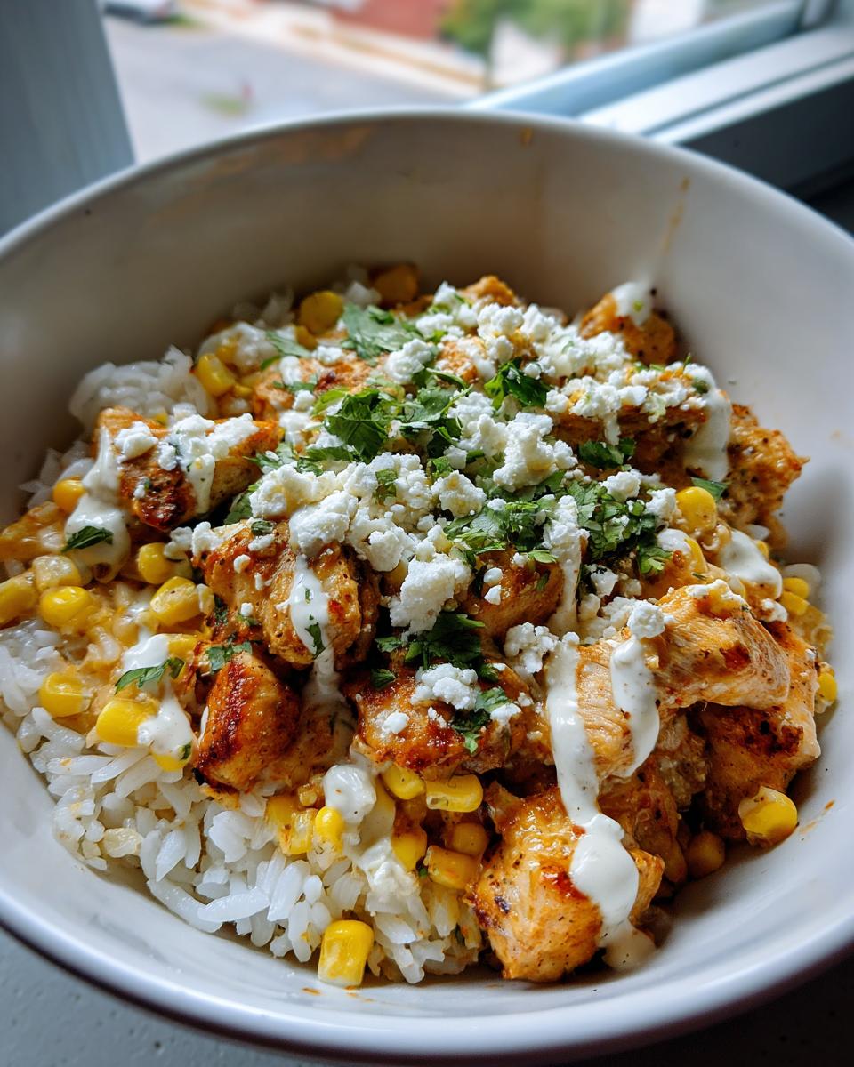 Close-up of a street corn chicken rice bowl featuring seasoned chicken, white rice, corn, crumbled cheese, and a drizzle of white sauce.