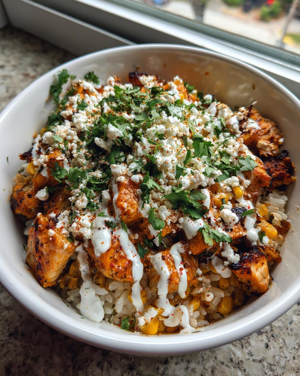 A close-up of a street corn chicken rice bowl topped with cotija cheese, cilantro, and crema drizzle.