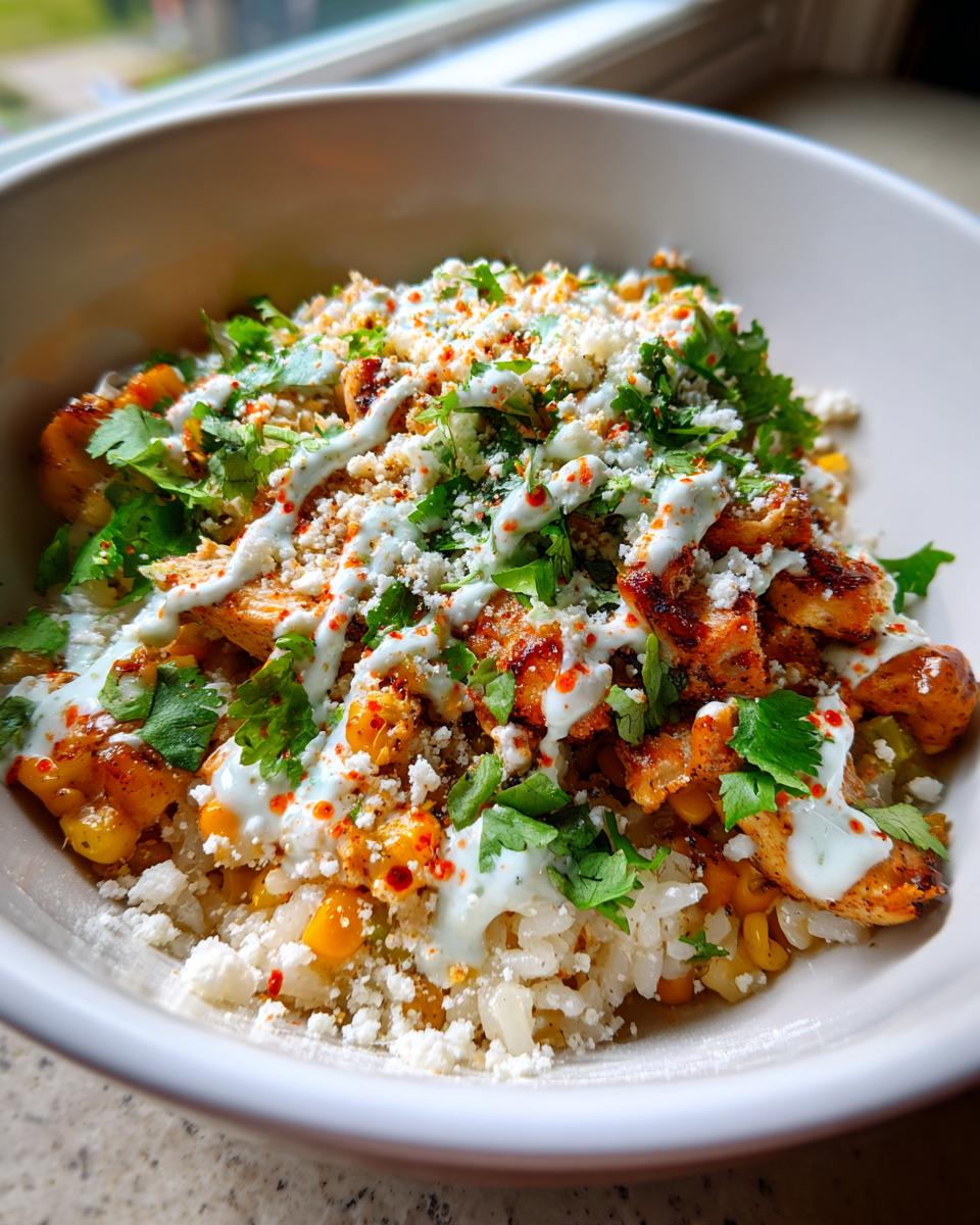 Close-up of a vibrant street corn chicken rice bowl topped with cotija cheese, cilantro, and crema.