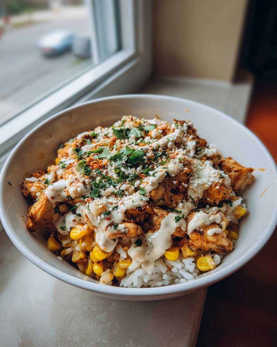 A close-up of a street corn chicken rice bowl topped with creamy sauce, cotija cheese, and cilantro.