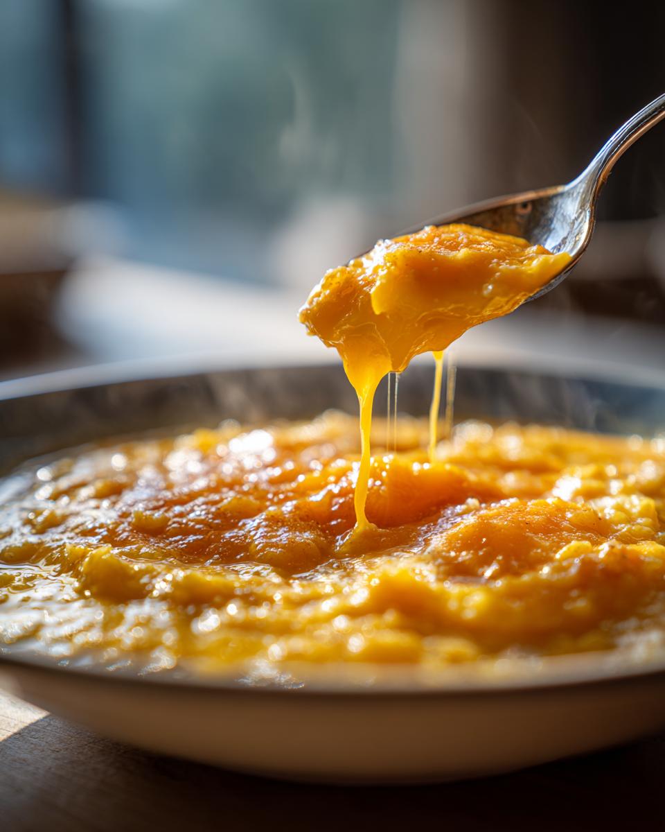 A spoonful of hot, thick, orange cheese soup showing melted cheese stretching as it drips back into the bowl of cheese soup.