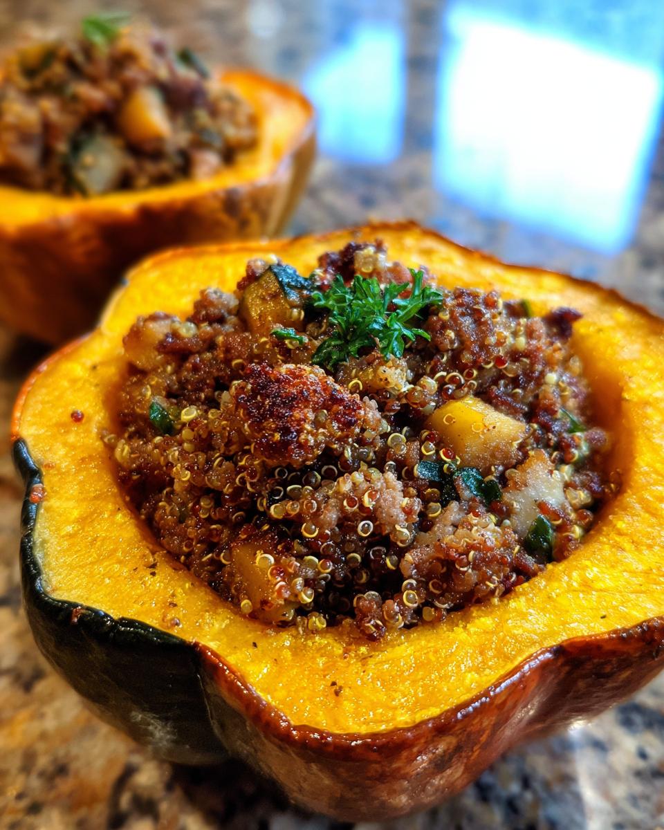 Close-up of a vibrant, roasted acorn squash half filled with savory quinoa stuffing, perfect for stuffed acorn squash.