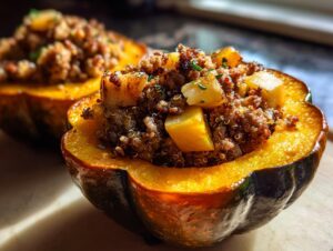 A close-up of a roasted acorn squash half filled with a savory quinoa and vegetable stuffing, showcasing the vibrant orange flesh.