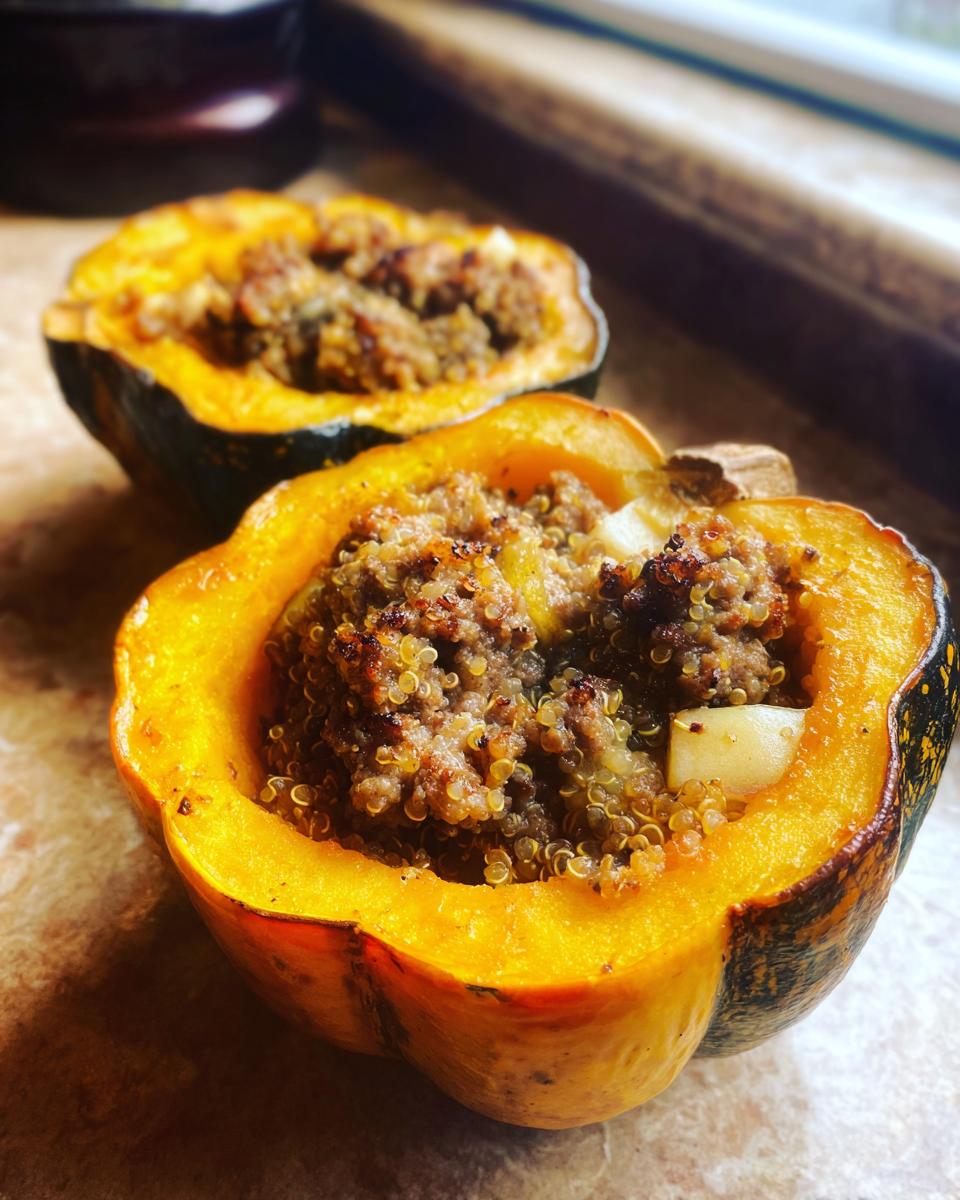 A close-up of a halved, roasted stuffed acorn squash filled with a savory mixture of ground meat and quinoa.