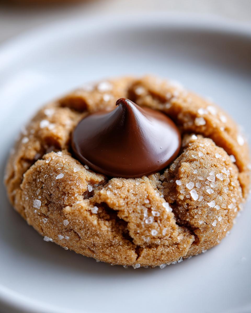 A close-up macro shot of a single, sugar-coated peanut butter blossom cookie topped with a melted chocolate kiss.