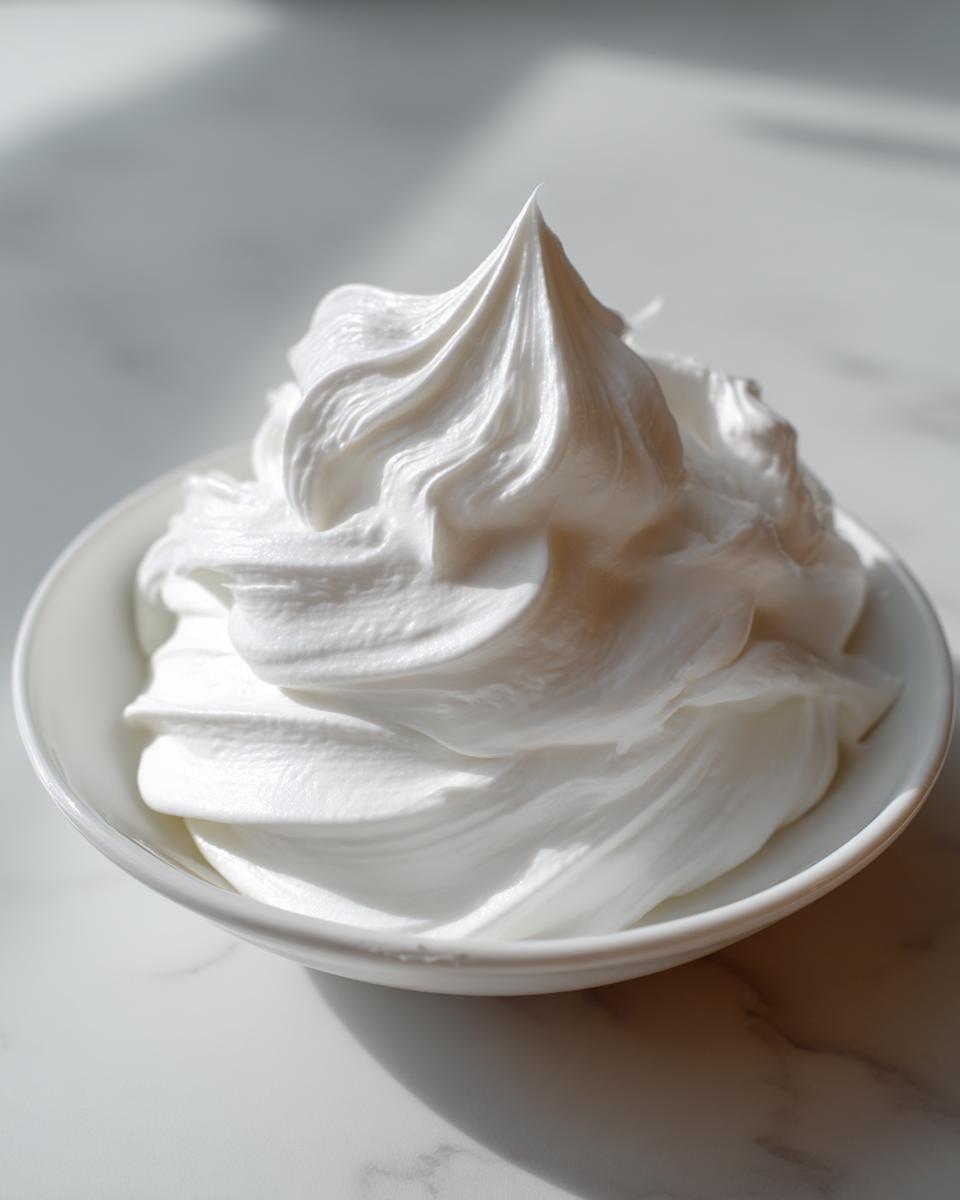 A close-up of thick, bright white sugar cookie icing that hardens, piped into stiff peaks in a small white bowl.