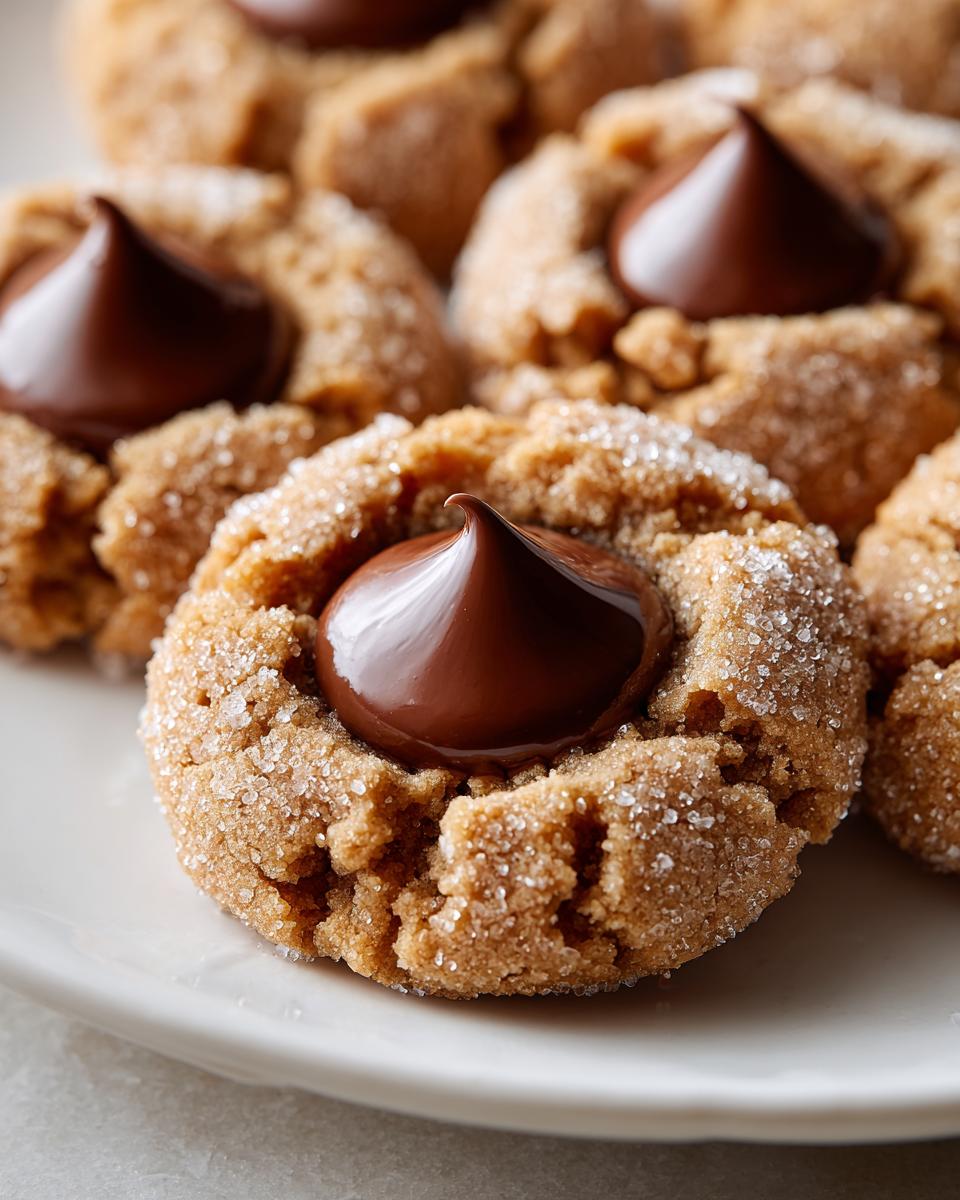 A close-up of a freshly baked peanut butter blossom cookie rolled in sugar with a melted chocolate kiss center.