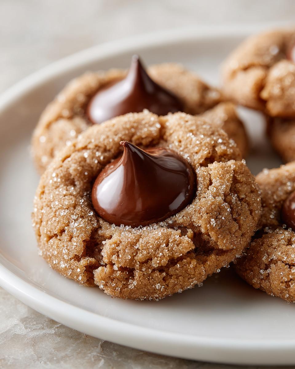 Close-up of a freshly baked, sugar-coated peanut butter blossom cookie topped with a melted chocolate kiss.