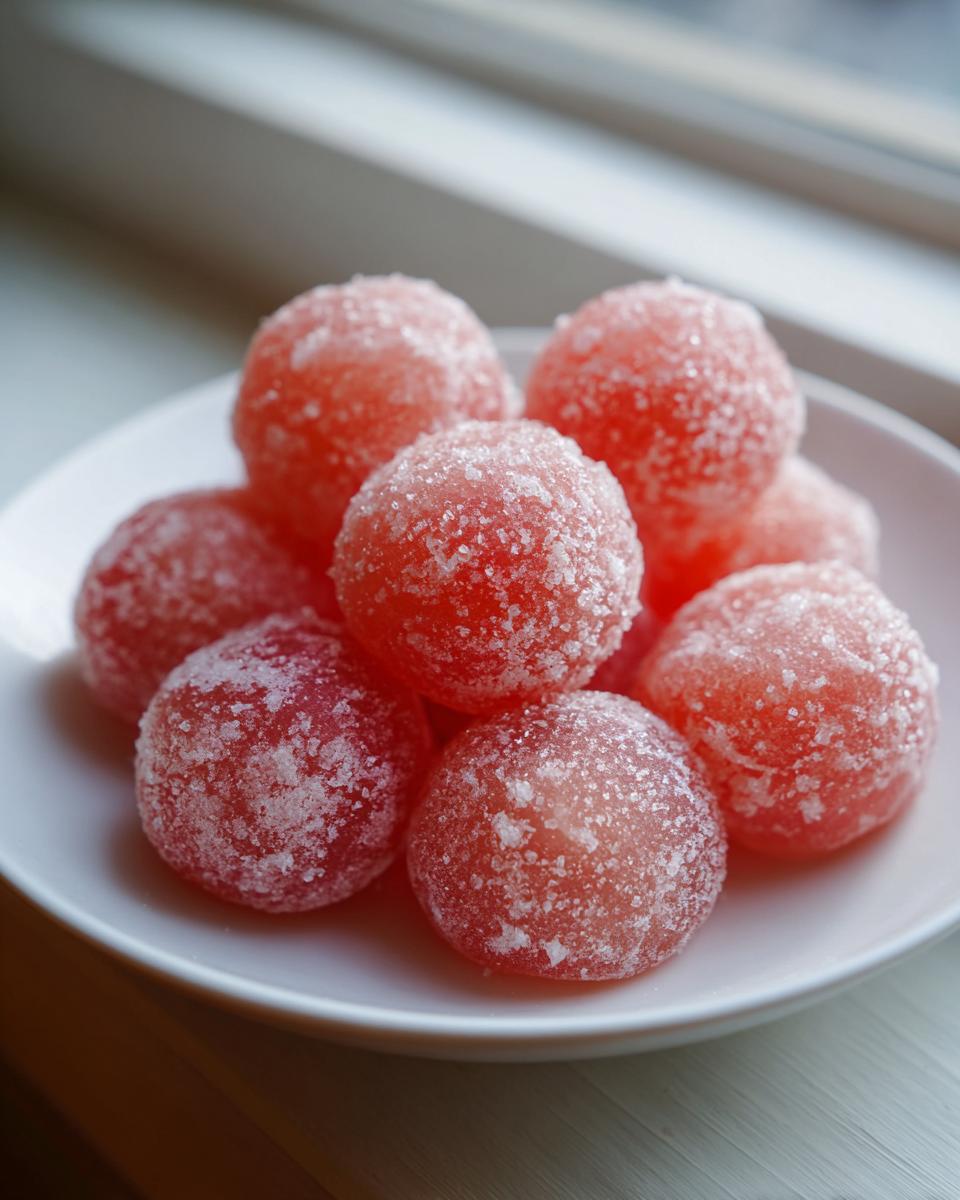 A pile of bright pink, round watermelon mochi coated heavily in sparkling white sugar, resting on a white plate.