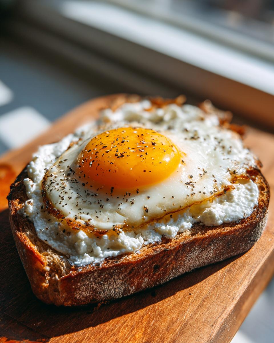 Close-up of a piece of egg toast featuring a sunny-side-up egg seasoned with pepper over creamy white cheese on toasted bread.