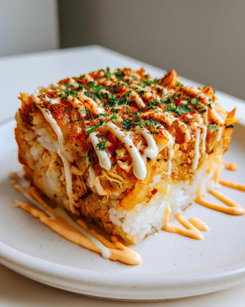 A perfectly cut square portion of baked sushi topped with spicy mayo, white sauce, and green herbs.