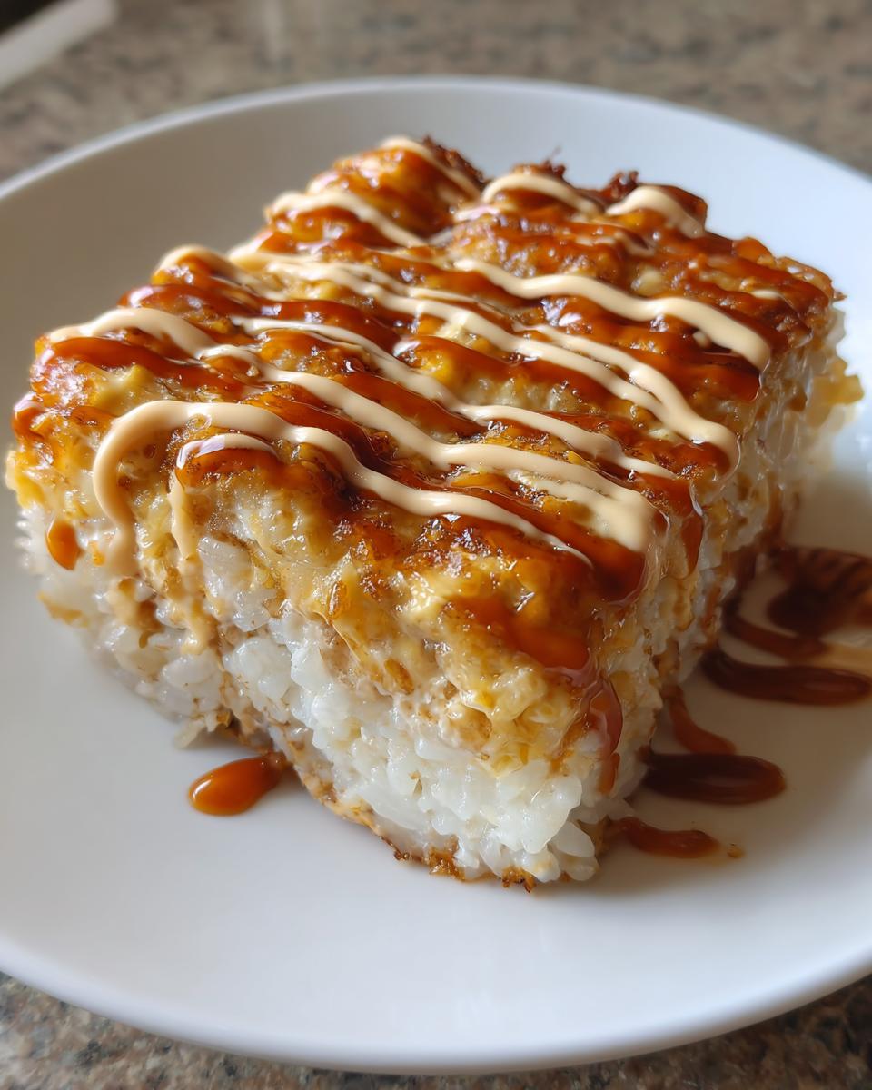 A close-up of a square serving of baked sushi topped with zigzag drizzles of dark teriyaki and light spicy mayo sauce.