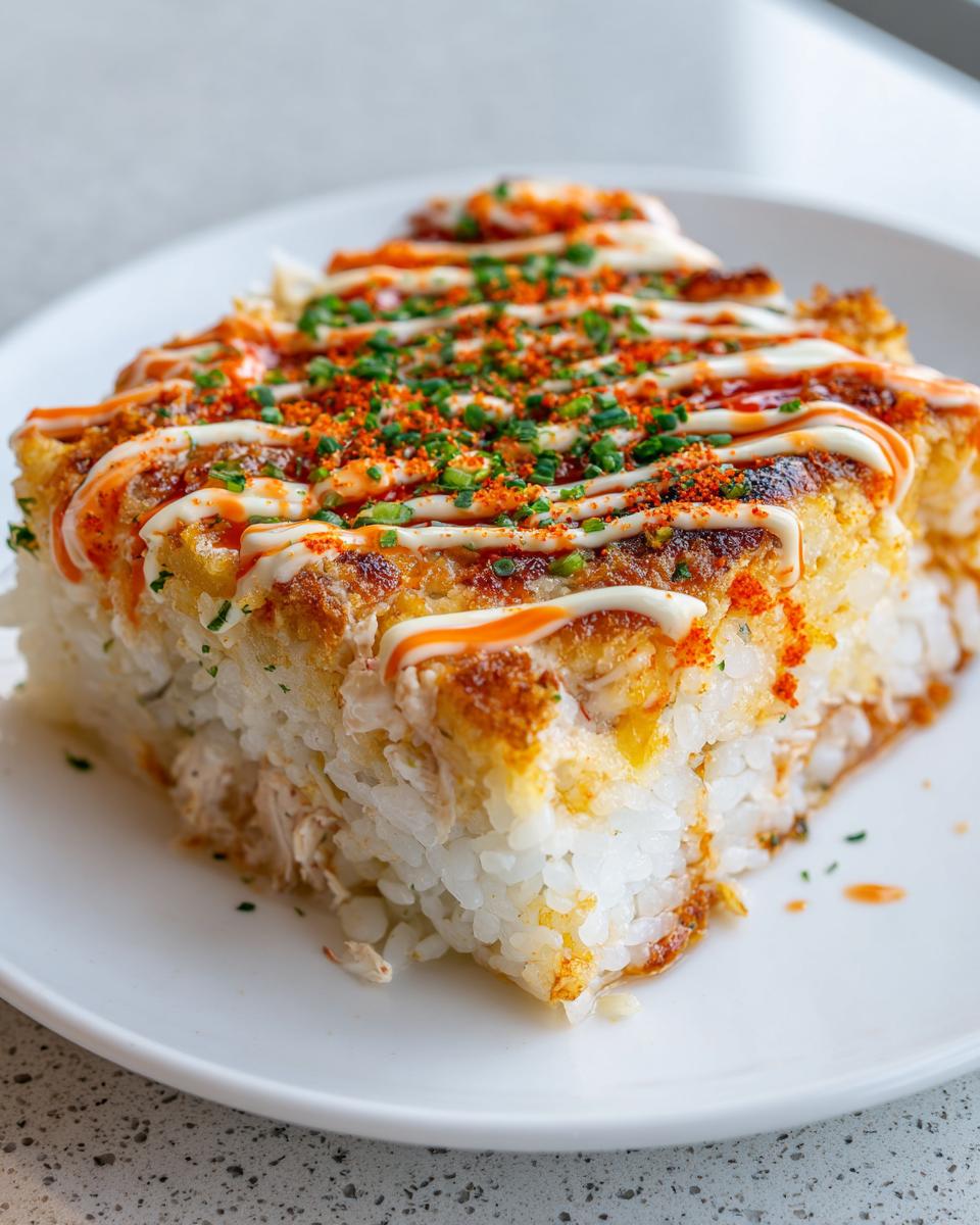 A square slice of baked sushi bake topped with zigzag drizzles of spicy mayo and white sauce, sprinkled with furikake.