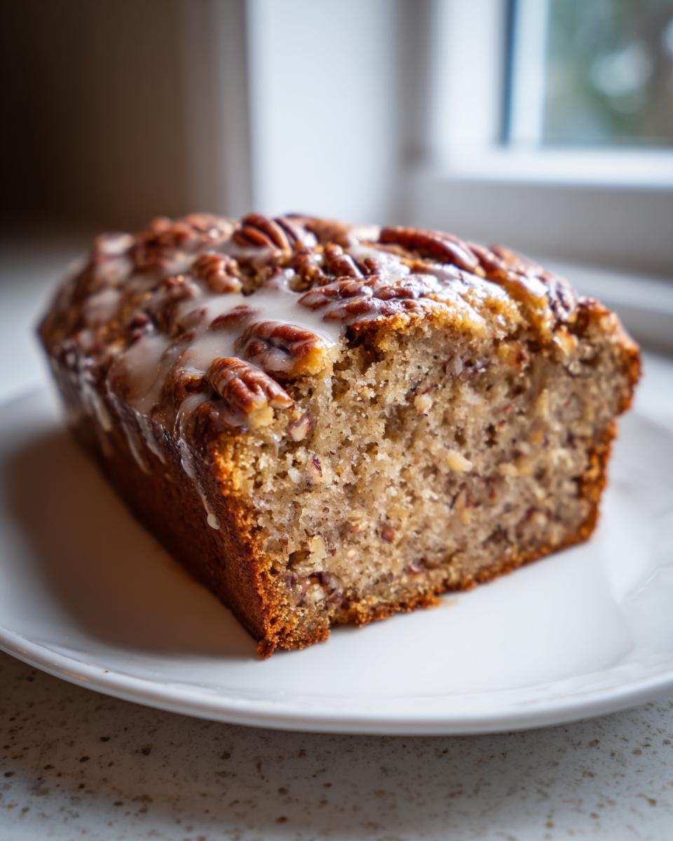 A slice of moist sweet alabama pecan bread topped with pecans and a white glaze, resting on a white plate.