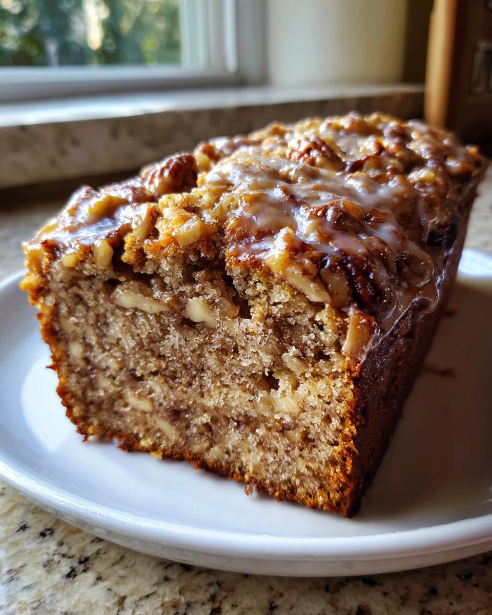 Close-up of a slice of sweet alabama pecan bread loaf topped with pecans and a sweet glaze.