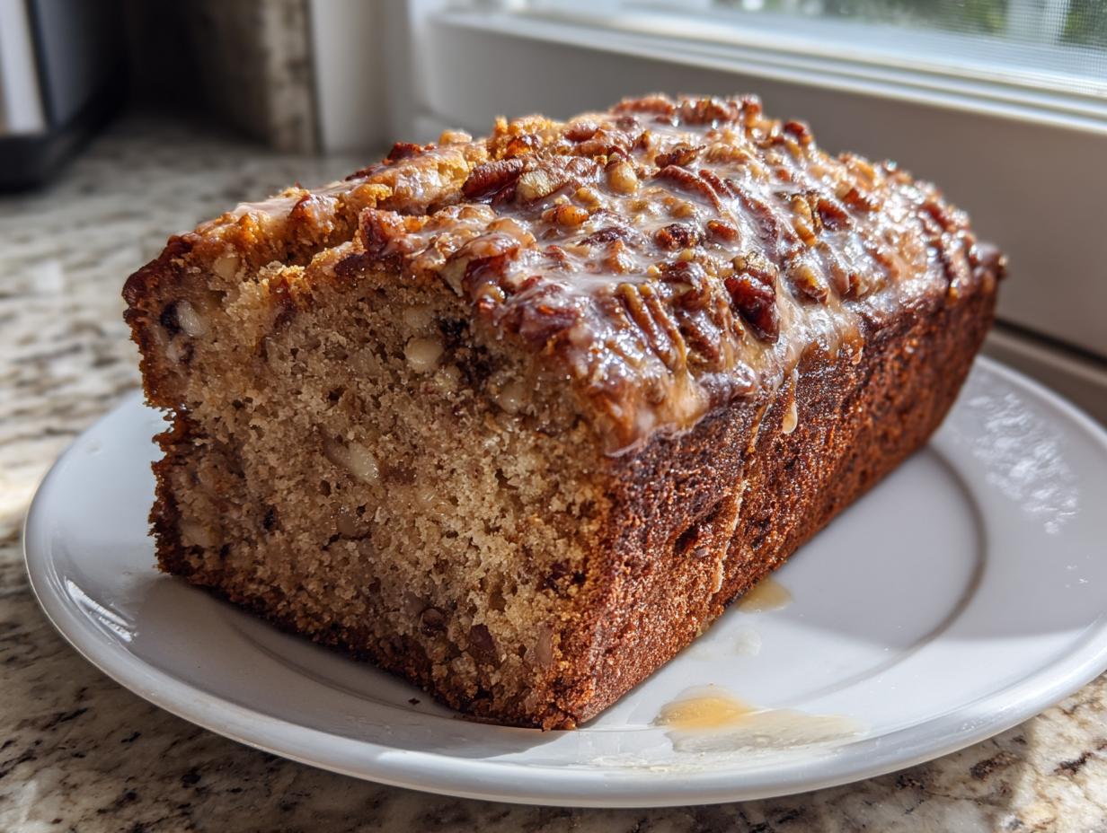 A freshly baked loaf of sweet alabama pecan bread, heavily topped with glazed pecans, resting on a white plate.