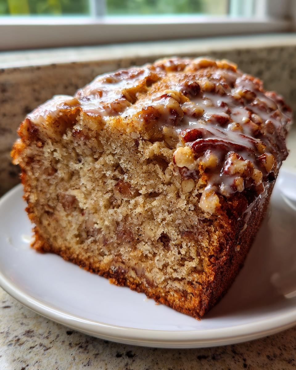 A close-up of a thick slice of sweet alabama pecan bread topped with a sugary glaze and chopped pecans.