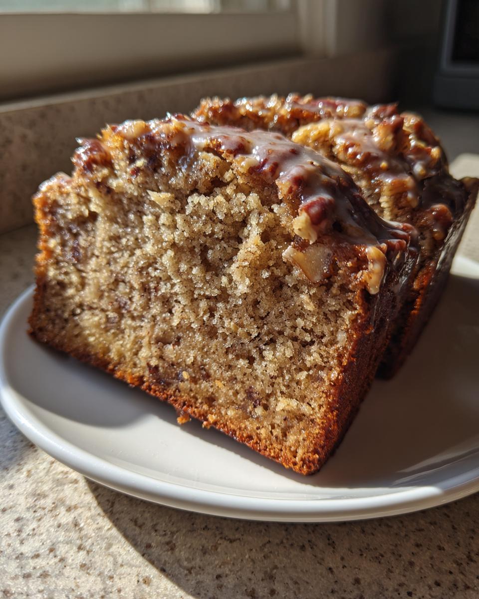 Close-up of a moist slice of sweet alabama pecan bread topped with a pecan glaze.