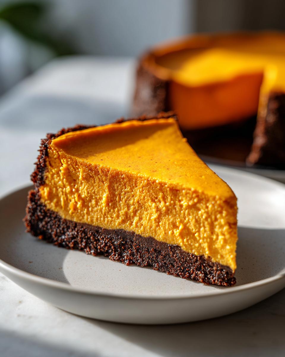 A close-up of a thick slice of vibrant orange sweet potato cheesecake on a light plate, featuring a dark chocolate crust.