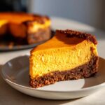 A close-up of one rich slice of sweet potato cheesecake with a dark crust, sitting on a light plate.