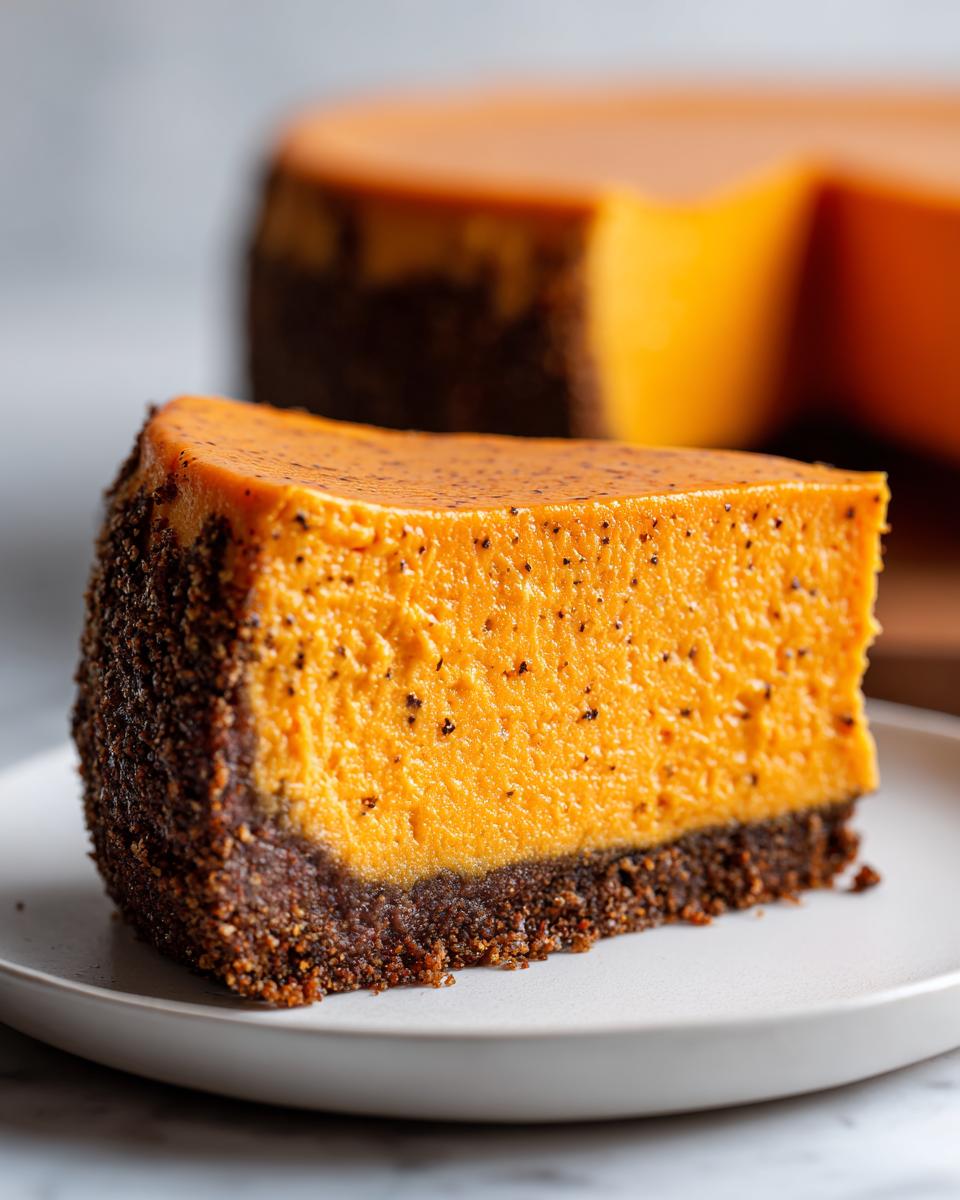 A close-up of a thick slice of vibrant orange sweet potato cheesecake with a dark crust, sitting on a white plate.