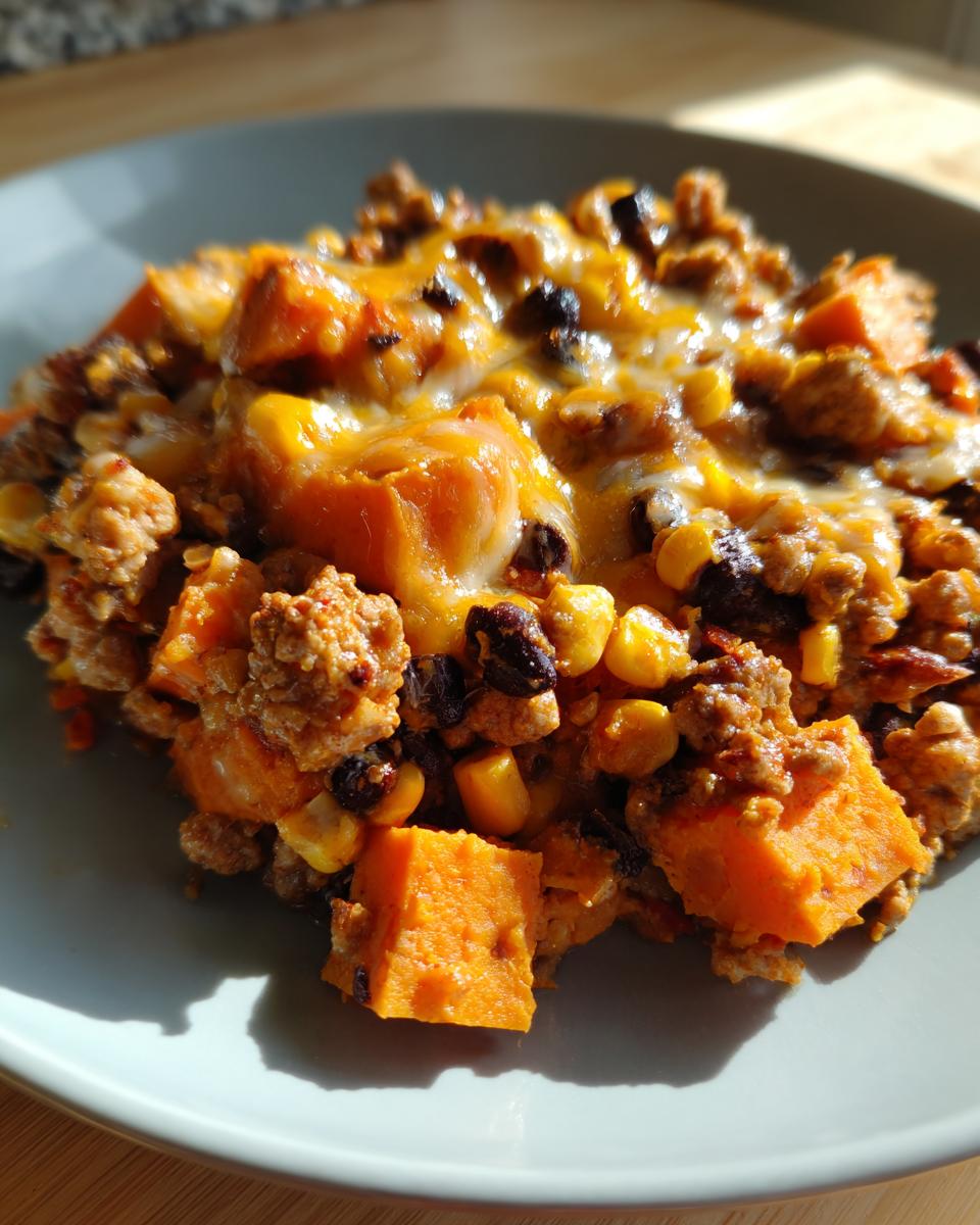Close-up of a serving of sweet potato skillet featuring chunks of bright orange sweet potato, ground meat, corn, and melted cheese.