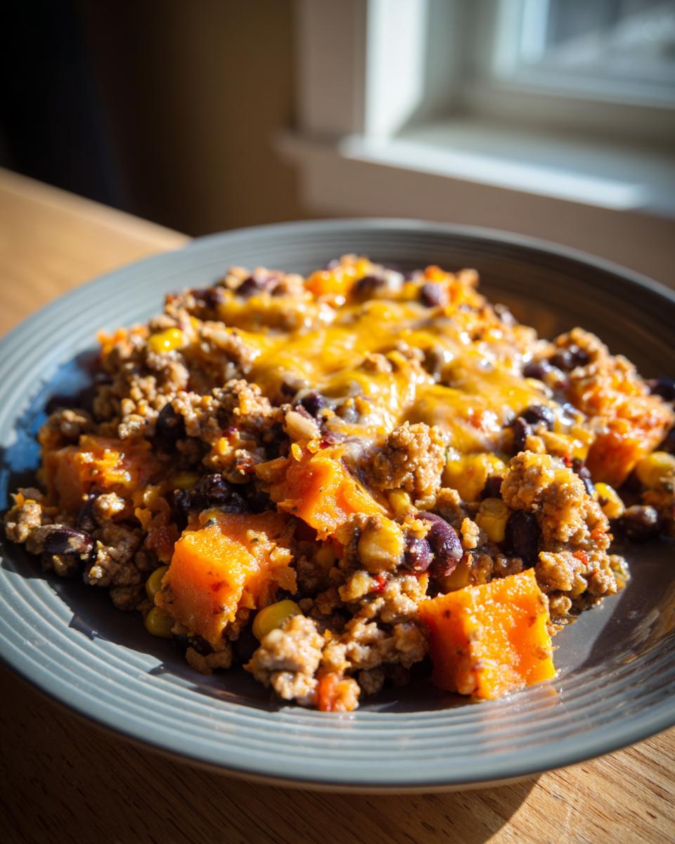 A close-up of a hearty serving of sweet potato skillet mixed with ground meat, black beans, corn, and topped with melted cheddar cheese.