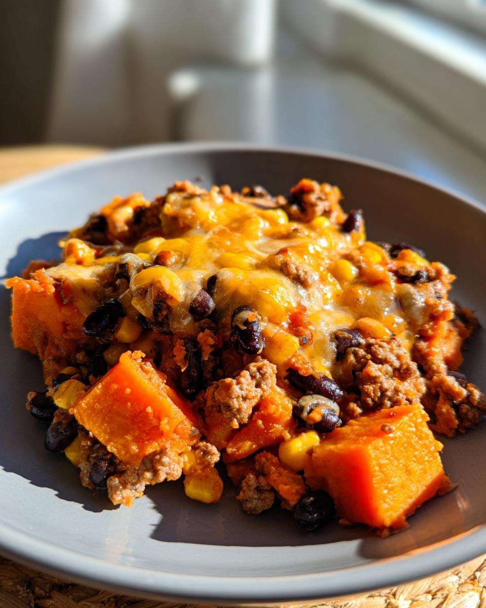 A close-up serving of a hearty sweet potato skillet featuring chunks of sweet potato, ground meat, black beans, corn, and melted cheddar cheese.