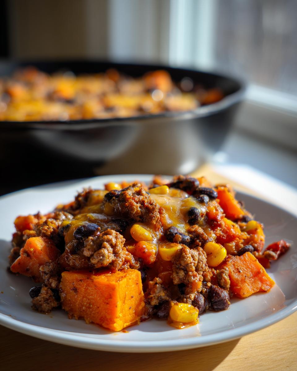 A close-up of a serving of sweet potato skillet topped with ground meat, black beans, corn, and melted cheese on a white plate.