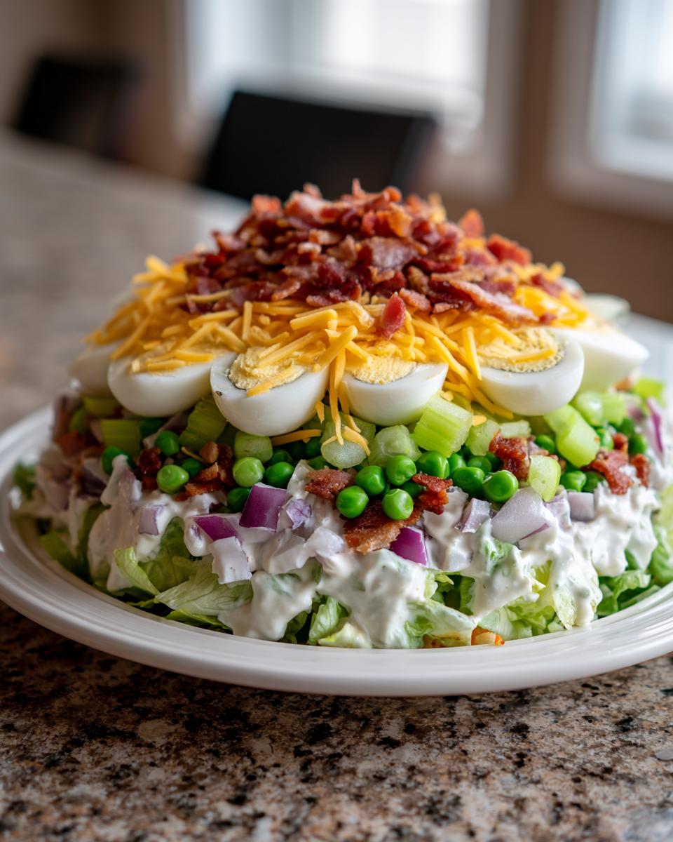 A beautifully layered 7 layer salad piled high with lettuce, creamy dressing, peas, onions, eggs, cheese, and bacon.