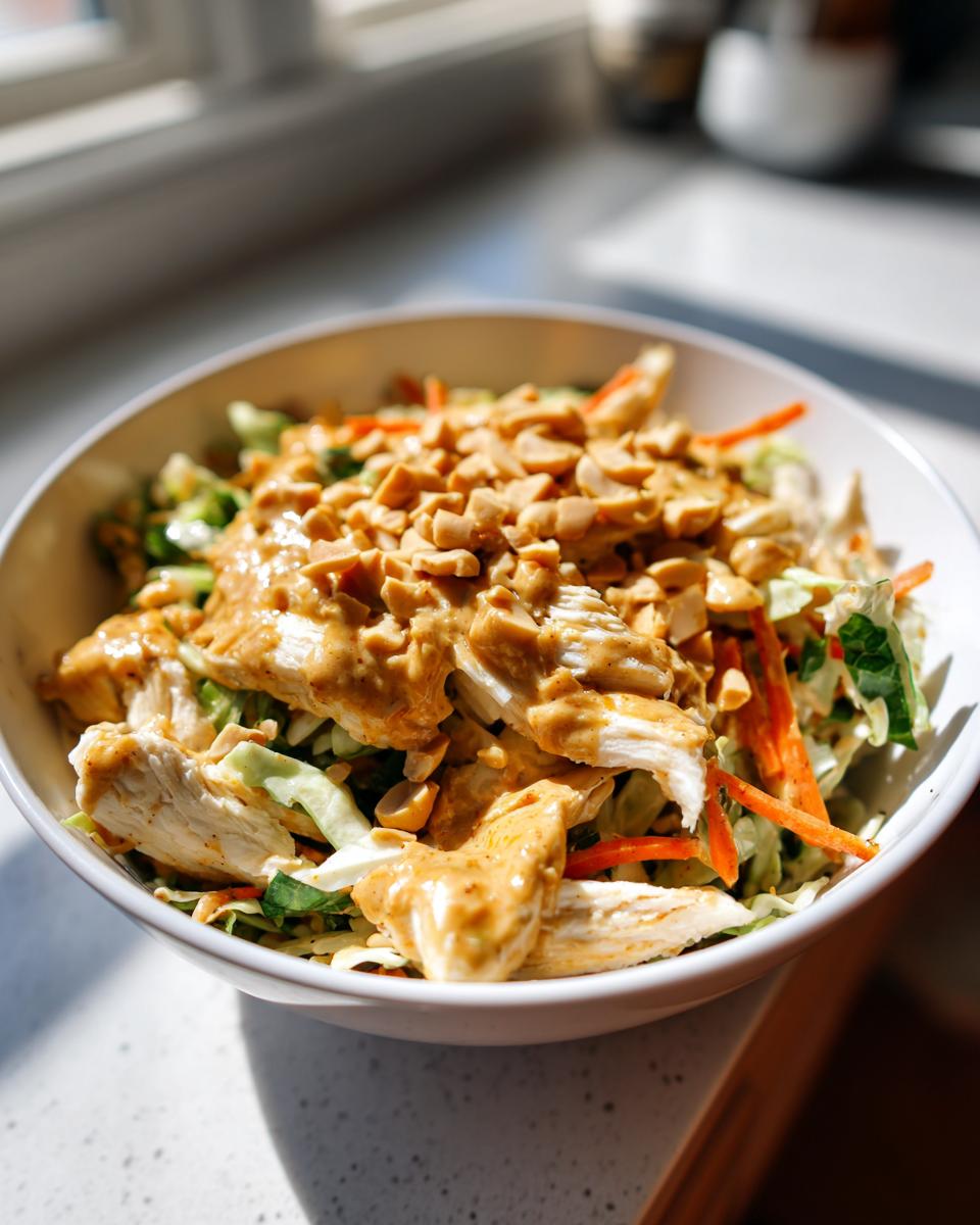 Close-up of a bowl of thai chicken salad topped with creamy peanut sauce and chopped peanuts.
