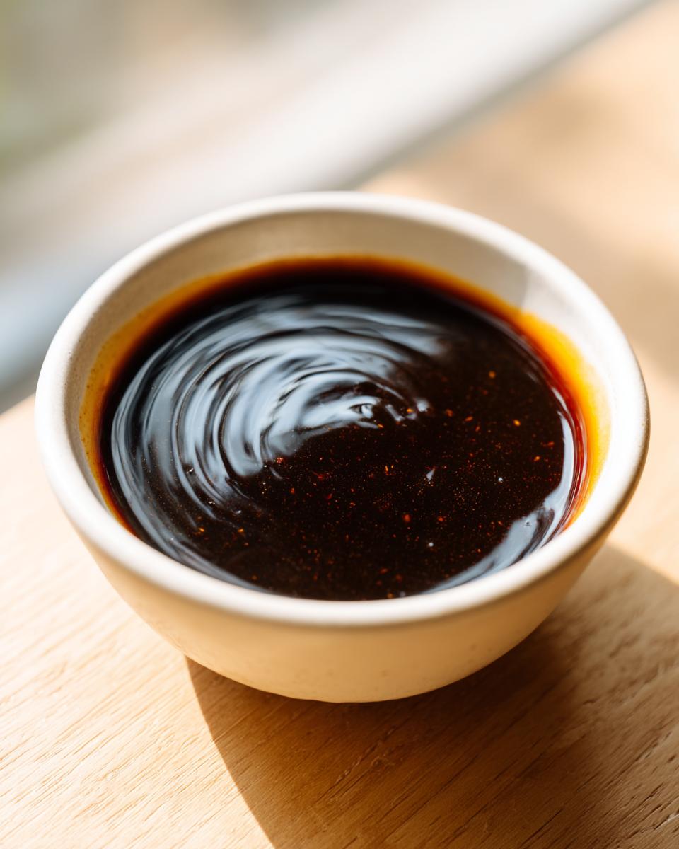 Close-up of thick, glossy homemade teriyaki sauce swirling in a small white bowl on a wooden surface.