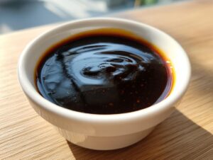 A close-up of thick, glossy homemade teriyaki sauce in a small white bowl on a wooden surface.