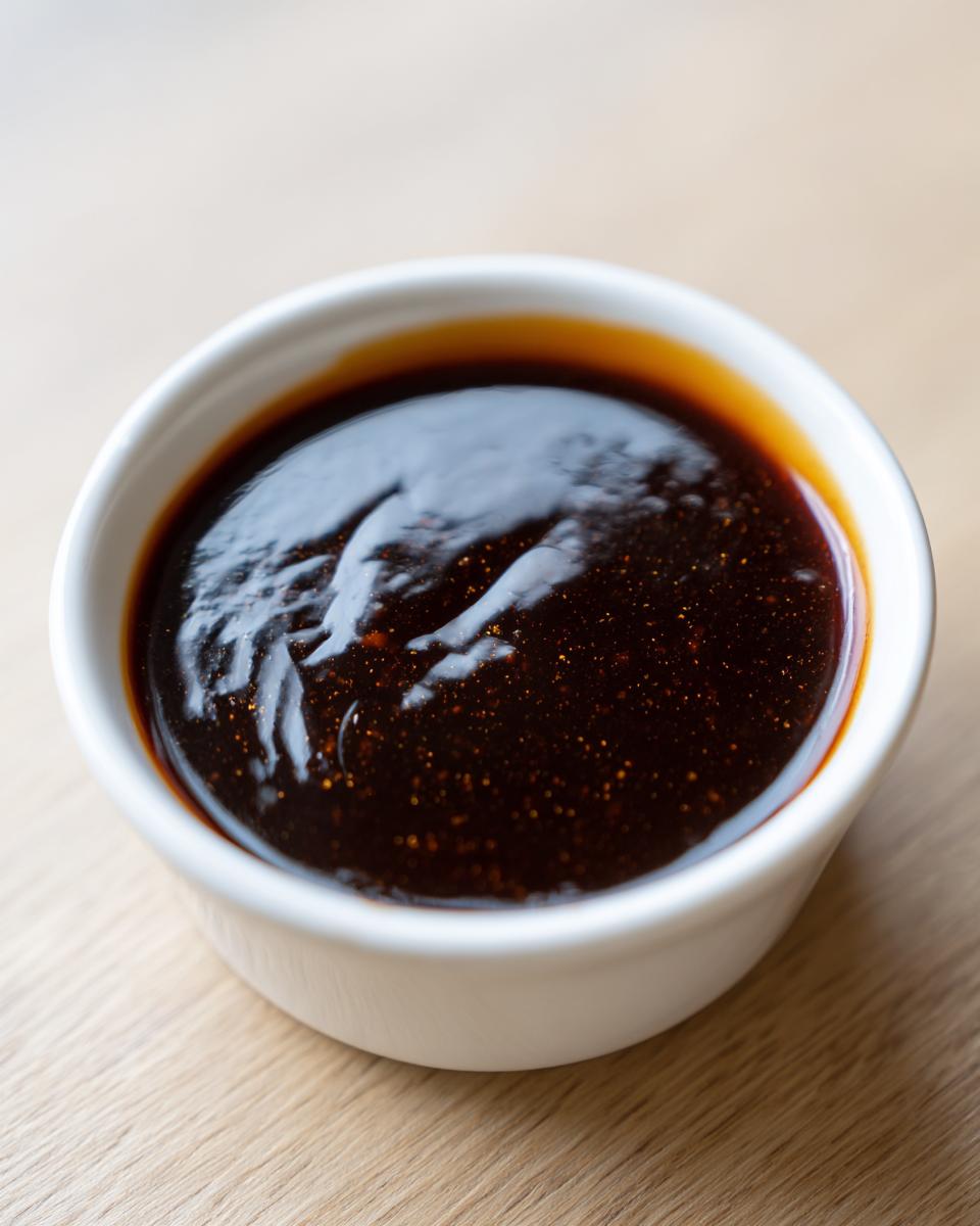 A close-up of thick, glossy homemade teriyaki sauce in a small white bowl on a light wooden surface.