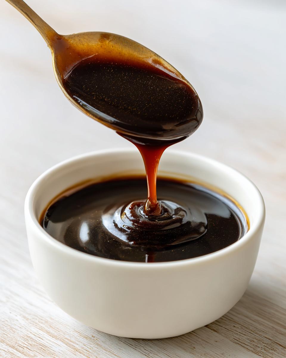 Close-up of thick, dark homemade teriyaki sauce dripping from a golden spoon into a white bowl.