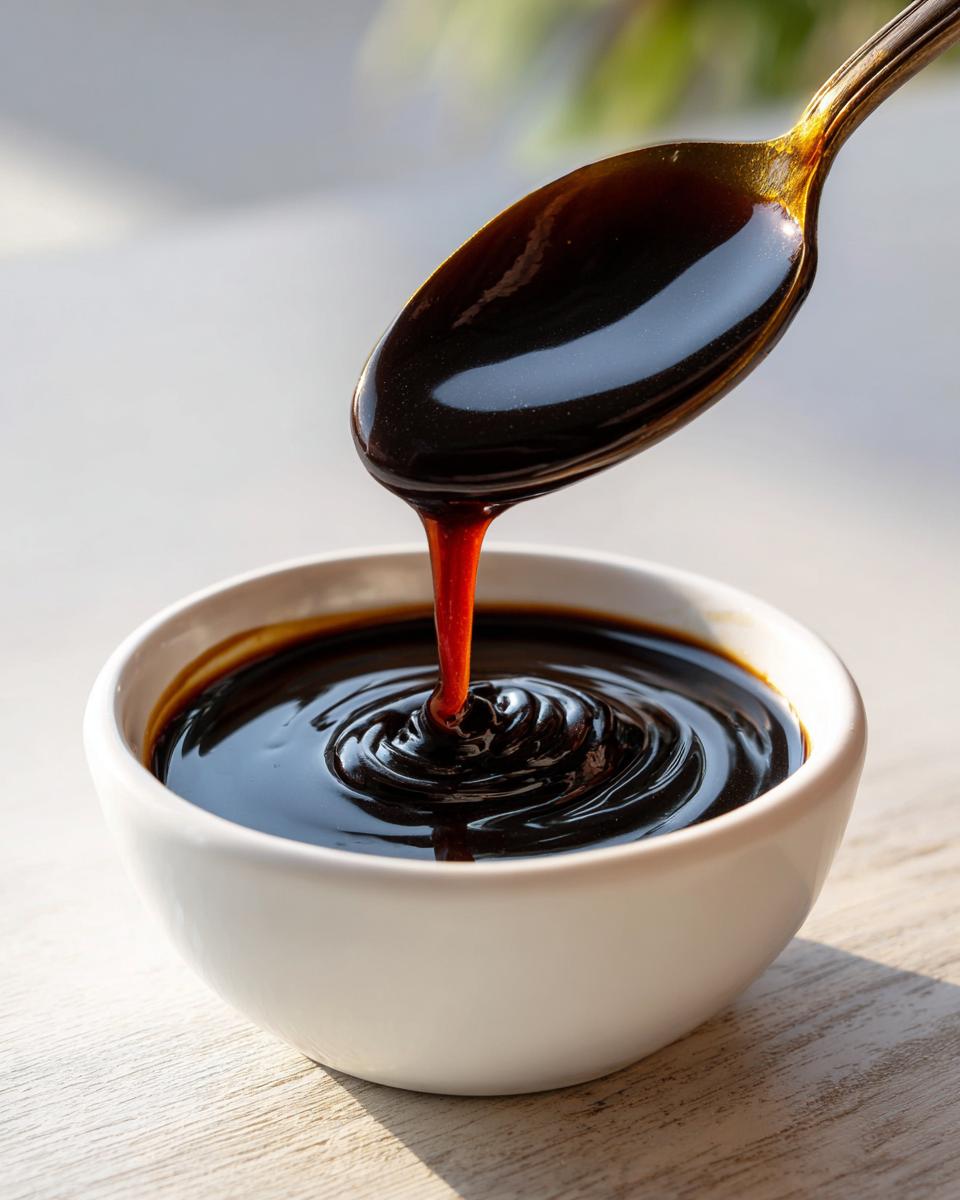A spoonful of thick, glossy homemade teriyaki sauce dripping into a white bowl, creating ripples.