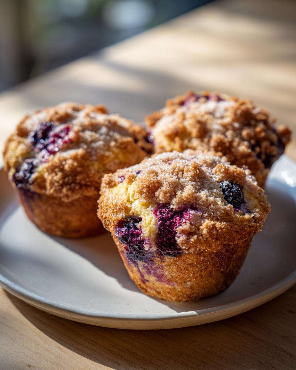 Three golden-brown blueberry muffin tops dusted with sugar and streusel on a light plate.