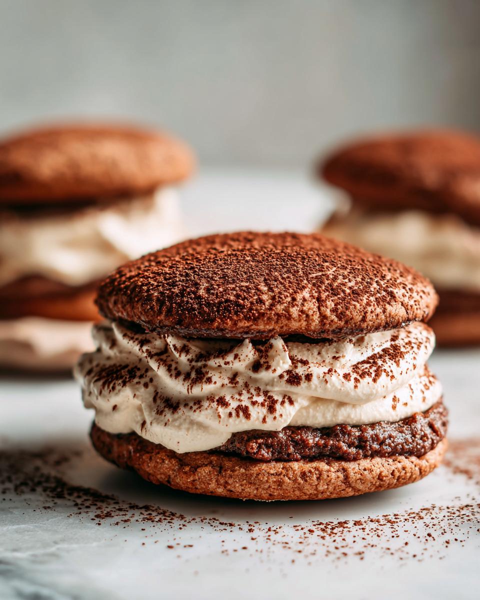 A close-up of one decadent tiramisu cookies sandwich filled with whipped cream and dusted heavily with cocoa powder.
