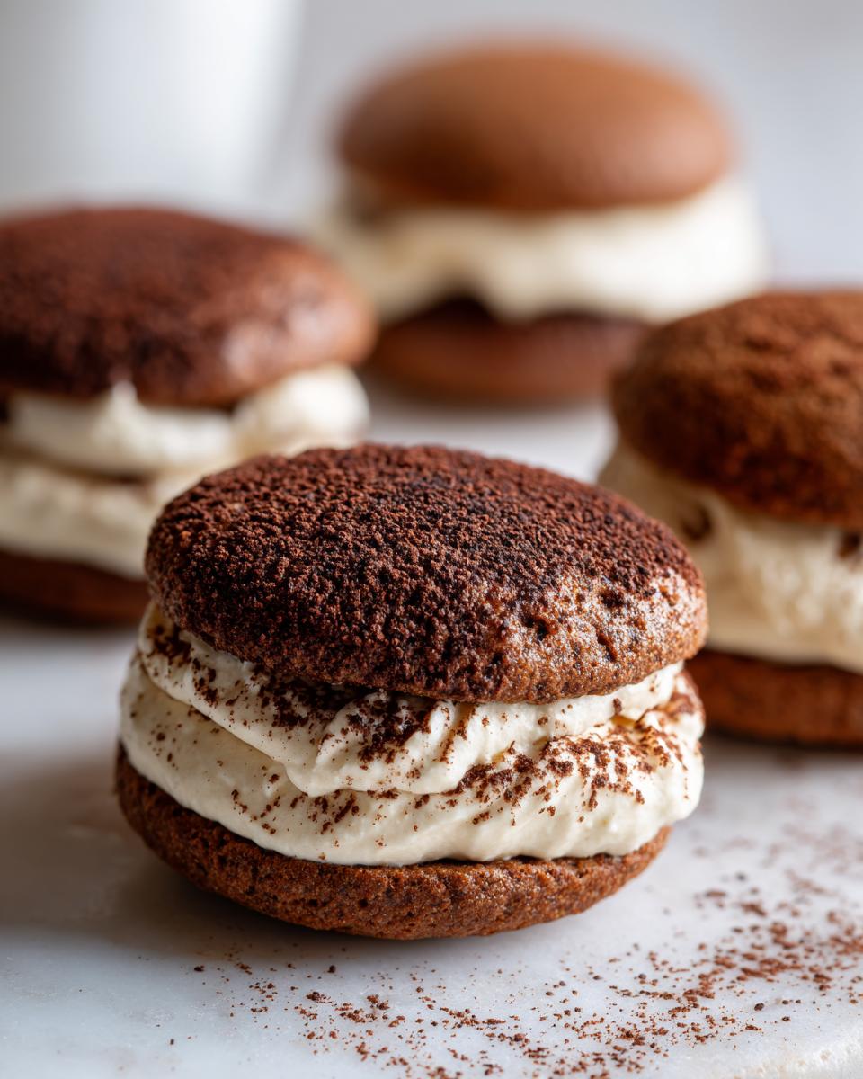 A close-up of one decadent tiramisu cookies sandwich filled with creamy mascarpone, dusted heavily with cocoa powder.