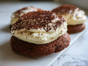 A close-up of a decadent tiramisu cookies sandwich, featuring a dark chocolate cookie base, thick mascarpone cream filling, and dusted with cocoa powder.