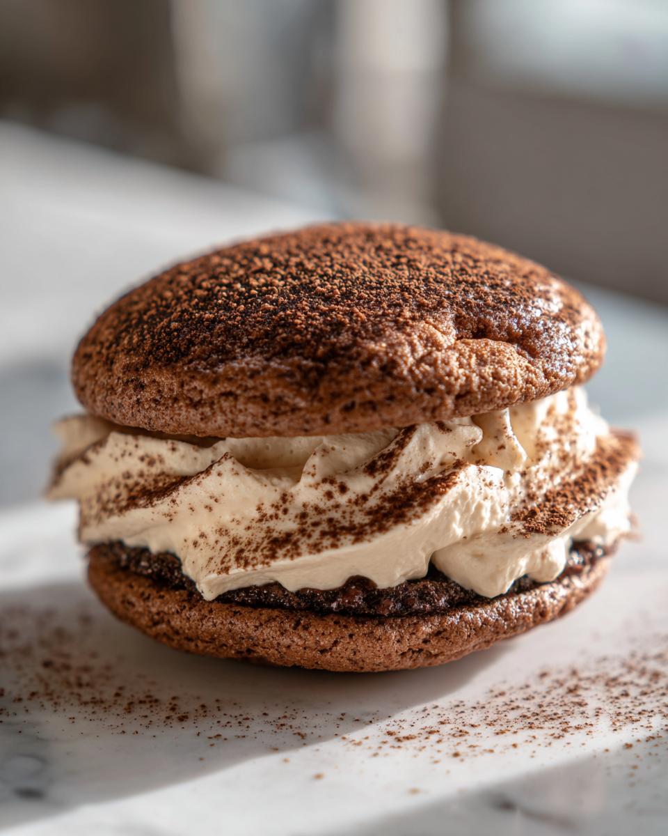A single, decadent tiramisu cookies sandwich filled with creamy mascarpone filling and dusted heavily with cocoa powder.