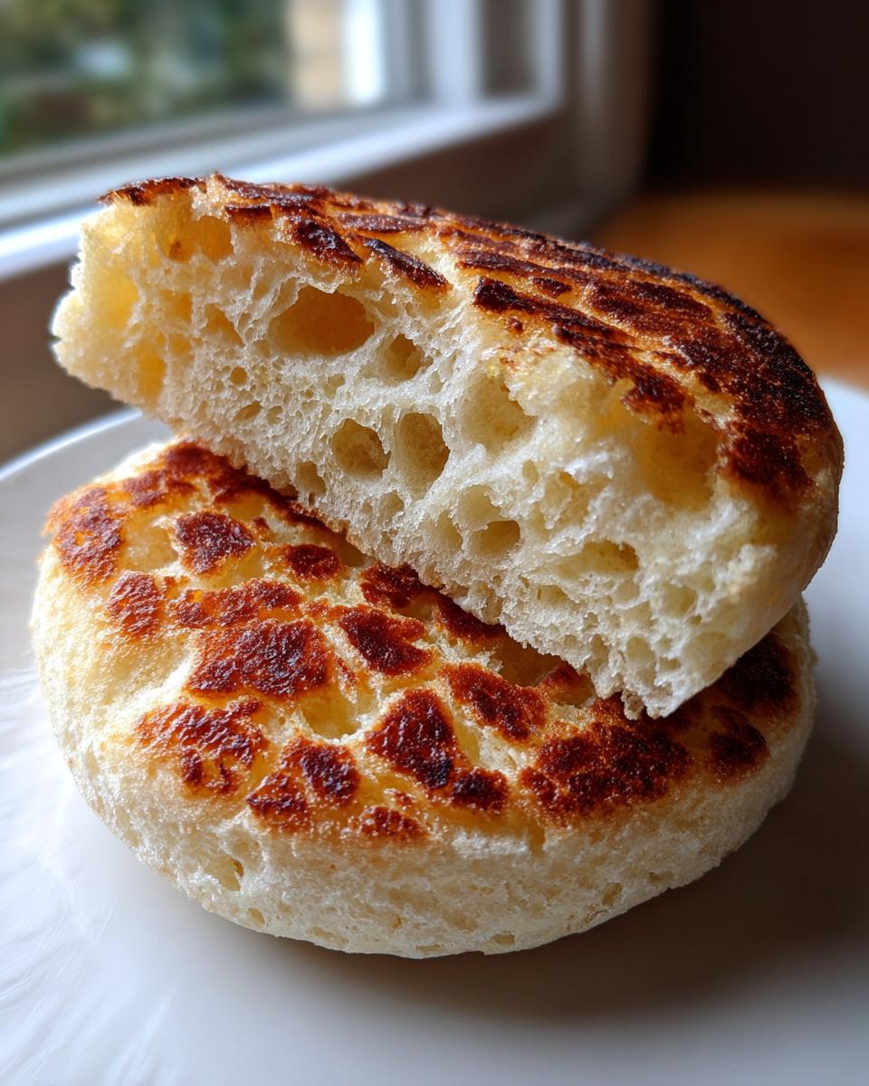 Close-up of a homemade english muffin split in half, showing the signature nooks and crannies texture.