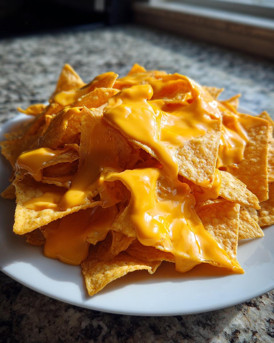 A close-up of tortilla chips generously covered in bright, melted nacho cheese sauce on a white plate.