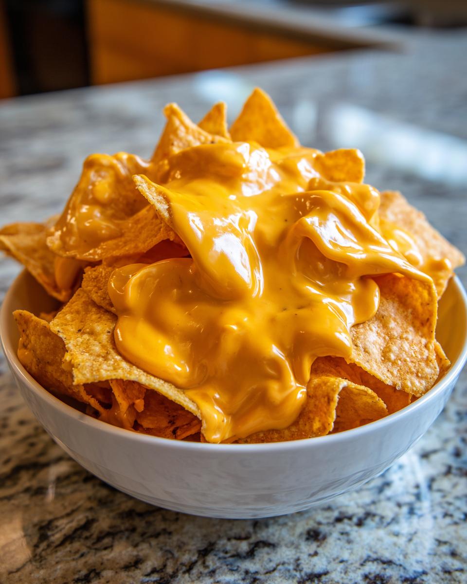 Close-up of tortilla chips piled high in a white bowl, generously covered with bright orange homemade nacho cheese sauce.